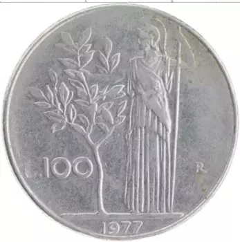 Монета 100 лир Италии 1977 года Медно-никель