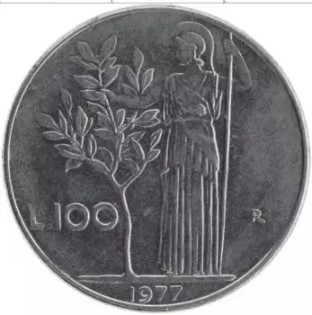 Монета 100 лир Италии 1977 года Медно-никель