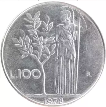 Монета 100 лир Италии 1978 года Железо Богиня
