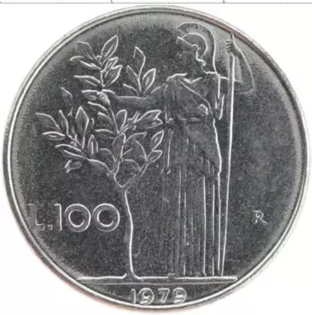 Монета 100 лир Италии 1979 года Медно-никель