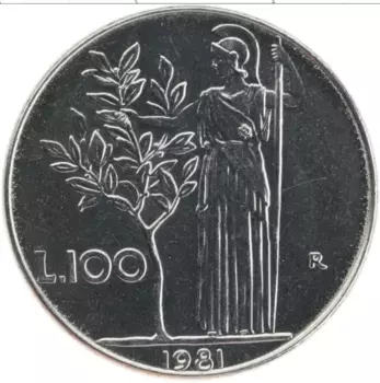Монета 100 лир Италии 1981 года Медно-никель