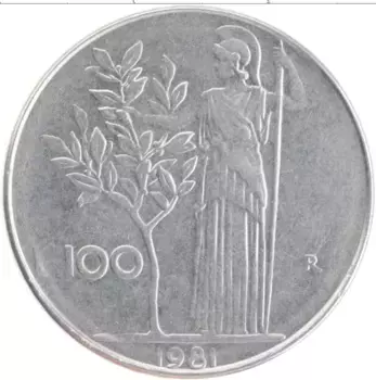 Монета 100 лир Италии 1981 года Медно-никель Богиня мудрости Минерва