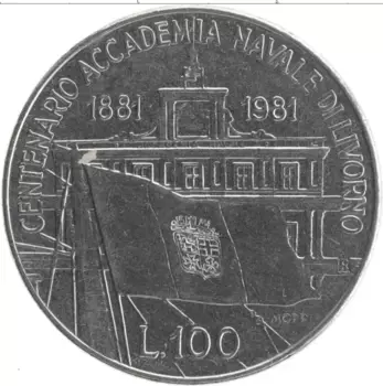 Монета 100 лир Италии 1981 года Сталь 100 лет Морской Академии в Ливорно