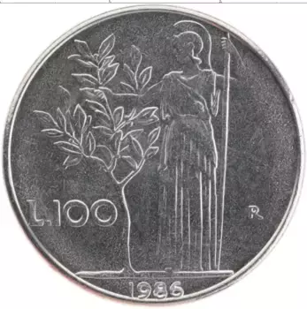 Монета 100 лир Италии 1986 года Медно-никель