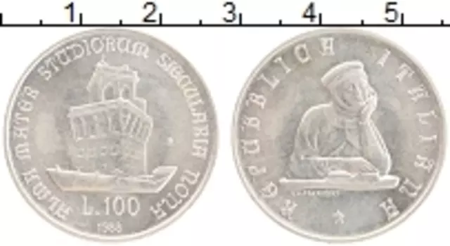 Монета 100 лир Италии 1988 года Серебро 900 лет Болонского университета