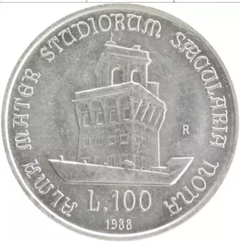 Монета 100 лир Италии 1988 года Серебро 900 лет Болонскому университету