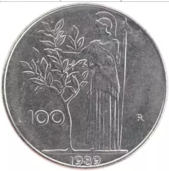Монета 100 лир Италии 1989 года Медно-никель