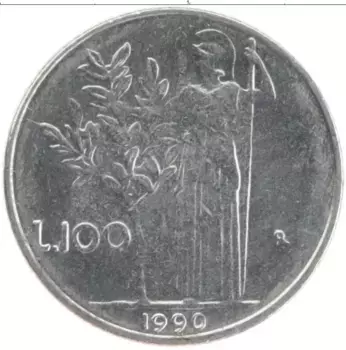 Монета 100 лир Италии 1990 года Медно-никель