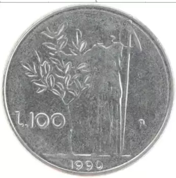 Монета 100 лир Италии 1990 года Медно-никель