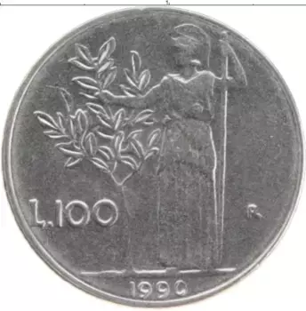 Монета 100 лир Италии 1990 года Сталь
