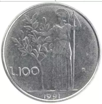Монета 100 лир Италии 1991 года Медно-никель