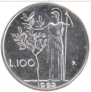 Монета 100 лир Италии 1992 года Медно-никель