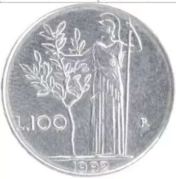 Монета 100 лир Италии 1992 года Медно-никель