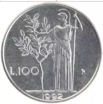 Монета 100 лир Италии 1992 года Сталь Афина