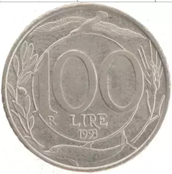 Монета 100 лир Италии 1993 года Медно-никель Дельфин