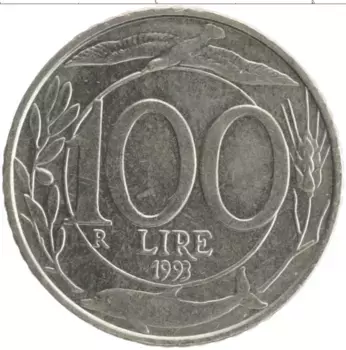Монета 100 лир Италии 1993 года Медно-никель