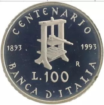 Монета 100 лир Италии 1993 года Серебро 100 лет банка Италии