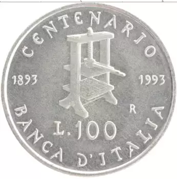 Монета 100 лир Италии 1993 года Серебро 100-летие банка Италии