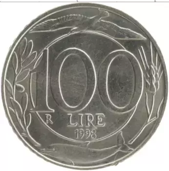 Монета 100 лир Италии 1998 года Медно-никель