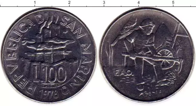 Монета 100 лир Сан-Марино 1978 года Сталь ФАО