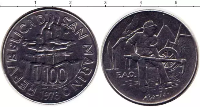 Монета 100 лир Сан-Марино 1978 года Железо ФАО