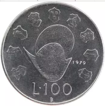 Монета 100 лир Сан-Марино 1979 года Сталь Шлем Конкистадора