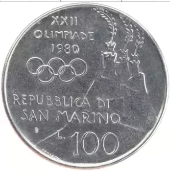 Монета 100 лир Сан-Марино 1980 года Сталь Олимпиада-80