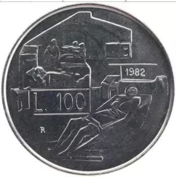 Монета 100 лир Сан-Марино 1982 года Медно-никель Социальные завоевания