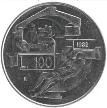 Монета 100 лир Сан-Марино 1982 года Сталь Социальные завоевания