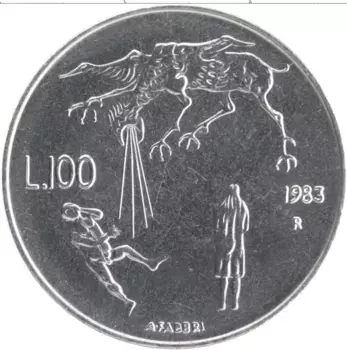 Монета 100 лир Сан-Марино 1983 года Медно-никель Угроза ядерной войны