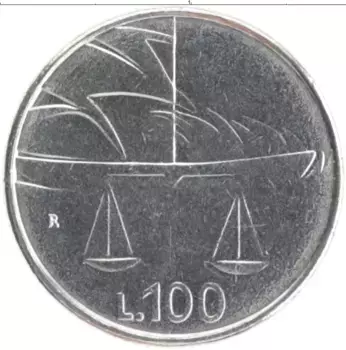 Монета 100 лир Сан-Марино 1990 года Медно-никель Весы правосудия