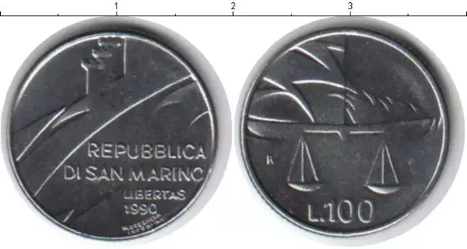 Монета 100 лир Сан-Марино 1990 года Медно-никель весы
