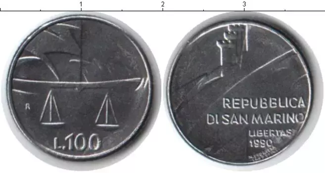 Монета 100 лир Сан-Марино 1990 года Медно-никель весы