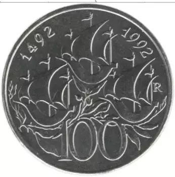 Монета 100 лир Сан-Марино 1992 года Медно-никель 500 лет открытия Америки
