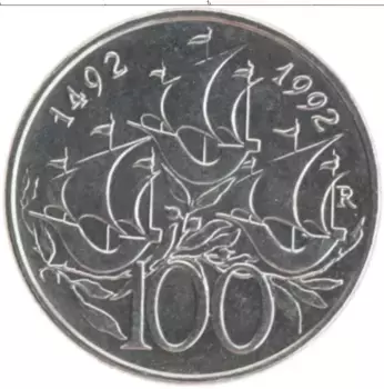 Монета 100 лир Сан-Марино 1992 года Железо 500 лет открытия Америки