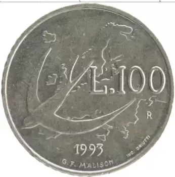 Монета 100 лир Сан-Марино 1993 года Медно-никель