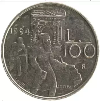 Монета 100 лир Сан-Марино 1994 года Медно-никель