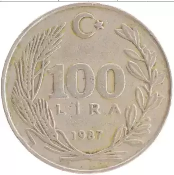 Монета 100 лир Турции 1987 года Медно-никель Кемаль Ататюрк