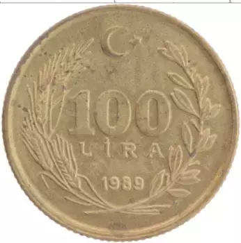 Монета 100 лир Турции 1989 года Латунь