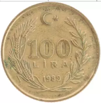 Монета 100 лир Турции 1989 года Латунь