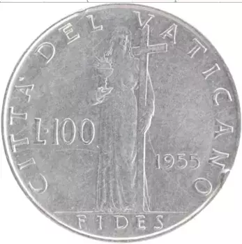 Монета 100 лир Ватикана 1955 года Медно-никель Пий XII