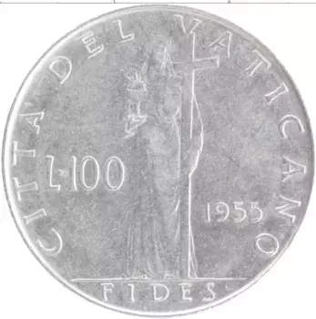 Монета 100 лир Ватикана 1955 года Медно-никель Пий XII