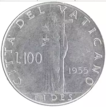 Монета 100 лир Ватикана 1955 года Медно-никель Пий XII