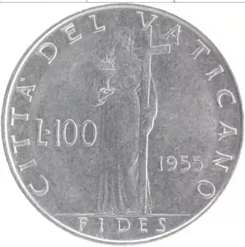 Монета 100 лир Ватикана 1955 года Медно-никель Пий XII