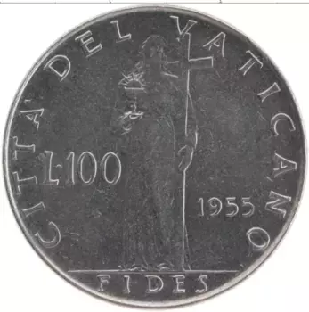 Монета 100 лир Ватикана 1955 года Сталь Пий XII