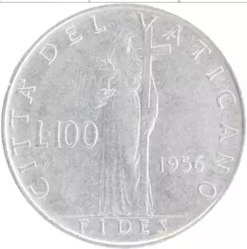 Монета 100 лир Ватикана 1956 года Медно-никель Пий XII
