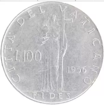 Монета 100 лир Ватикана 1956 года Медно-никель Пий XII