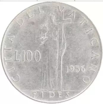 Монета 100 лир Ватикана 1956 года Медно-никель Пий XII