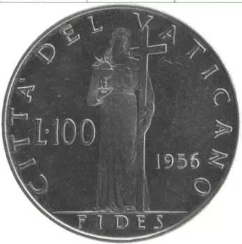 Монета 100 лир Ватикана 1956 года Медно-никель Пий XII