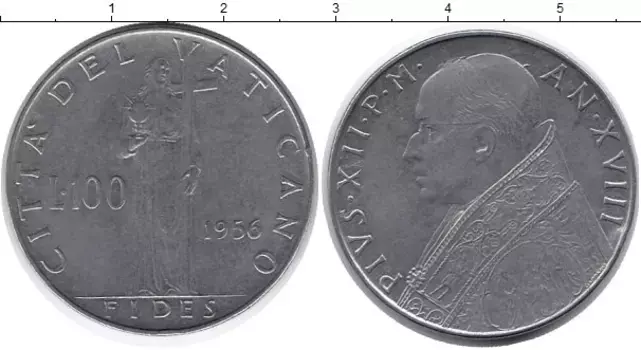 Монета 100 лир Ватикана 1956 года Сталь Пий XII